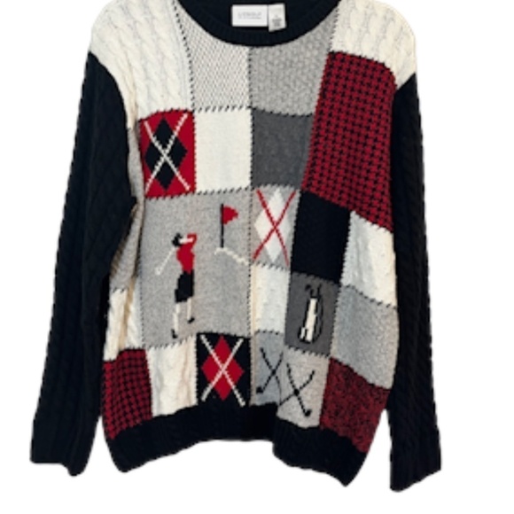 Liz Golf Patchwork Sweater XL Black Cable Knit Argyle Preppy Resort Old Money - Picture 1 of 11
